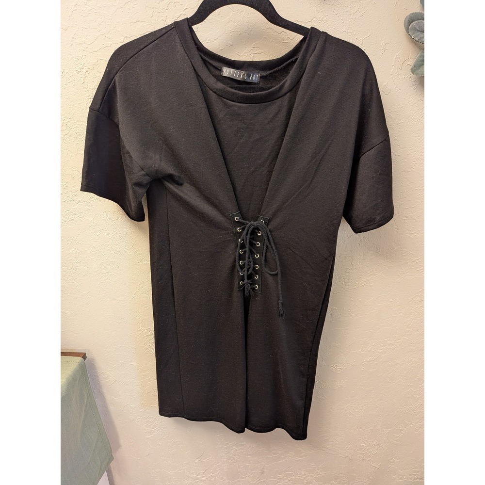 Womens Black Lace Up Front Tunic Dress Short Sleeve‎ Casual